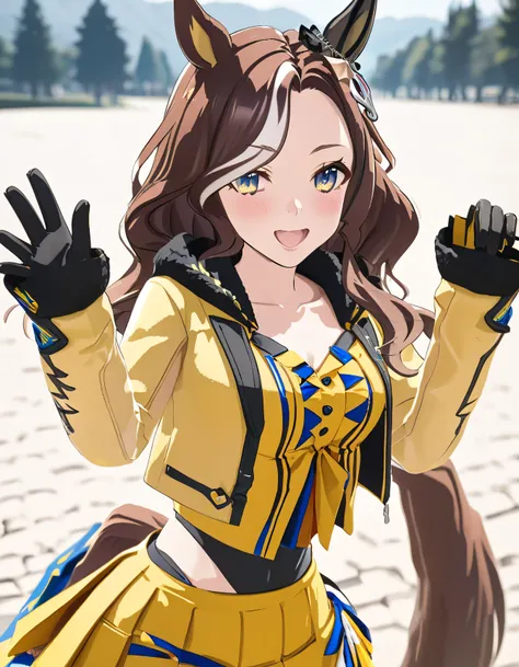 1girl,daring_heart (umamusume),horse tail,black gloves, yellow shirt, ear ornament, yellow jacket, cropped jacket, yellow skirt, long sleeves,standing,full body,looking at viewer,waving,smile,closed eyes,open mouth,,ai-generated,,beautiful eyes,masterpiece...