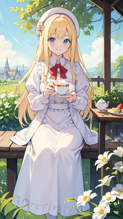 ((masterpiece)), ((Highest quality)), ((High resolution)), ((In detail))、European national costume、Anime style white woman、Blonde、smile、Happy expression、Daytime、Drinking tea in an English garden、cute、beautiful、