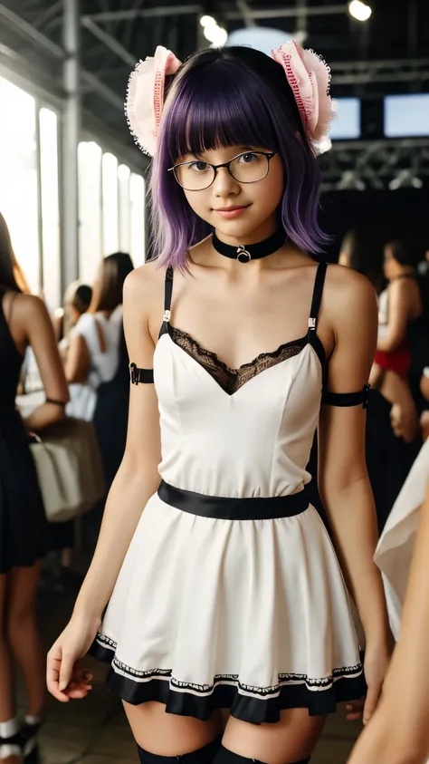 18 year old tween girls, two close friends at a music festival, cut out dress, perfect young teen models, colored hair, kawai cosplay girls, colored short dresses, dress with straps, choker, skinny body, innocent, garter with stockings, good lighting, glas...