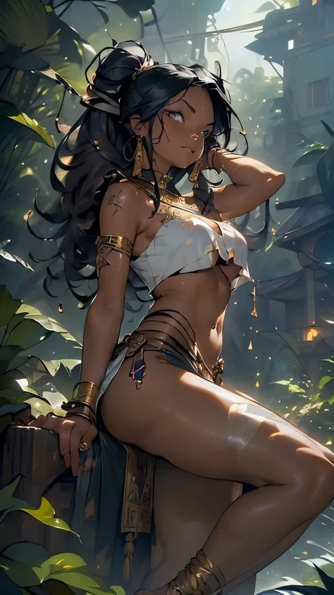 Black girl from the Amazon region,1 girl,((((black race)))),Amazon Warrior

(big boobs:1.5),((((Dreadlock-Haare:1.5,black hair:1.5,DARK hair,Twin tails)))),medium length hair,(((Gold_eyes:1.3))),intricate eyes,beautiful detailed eyes,symmetrical eyes,((((t...