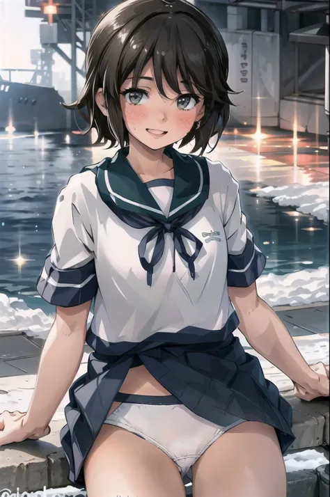 Deep Snow KC, One girl, Solo White Seravuk, , Short sleeve, skirt, blue skirt, Blue sailor collar, View your viewers,    port, port ,((White panties)) smile,blush, 