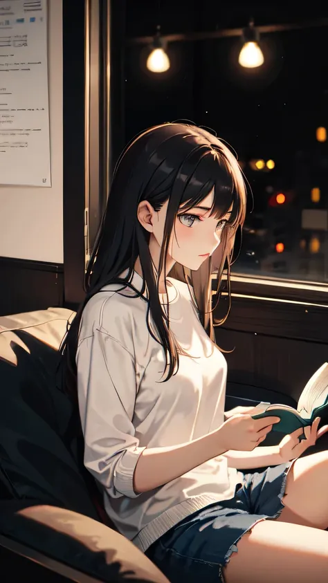 A beautiful young woman sitting by the window on a quiet night, reading a book.