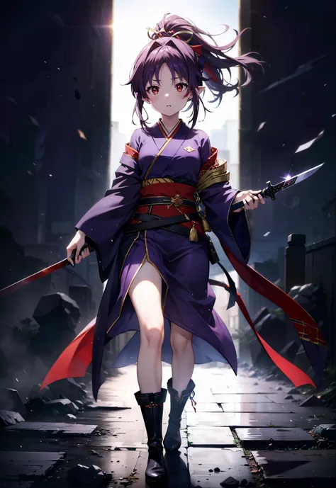 yuukikonno, Yuki Konno, hair band, Long Hair, Pointy Ears,ponytail, Purple Hair, (Red eyes:1.5), (Small breasts:1.2), Open your mouth,Purple kimono,Red too,boots,hold the hilt of the sword in one&#39;s hand,Sword Drawing Technique,
break looking at viewer,...