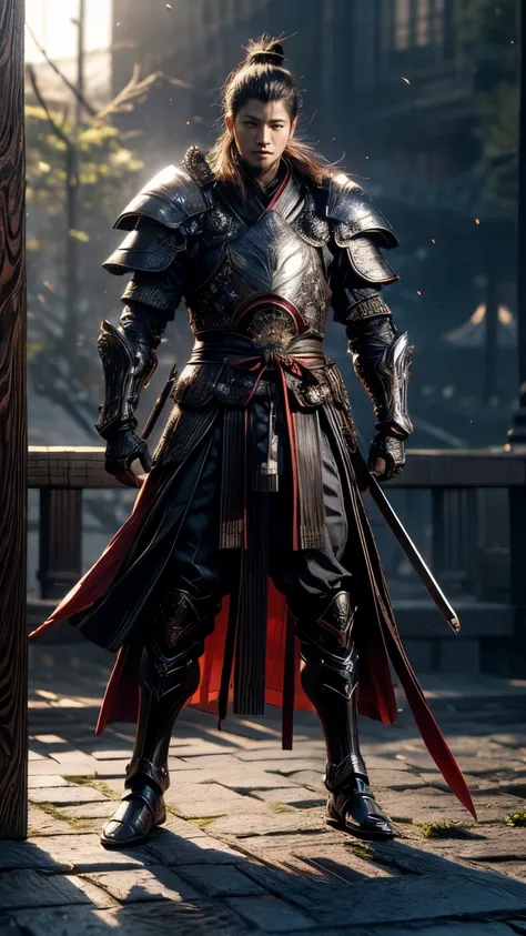 full body, Japanese samurai with armor、highest bit、highly detailed armor、reddish、ck、Perfect style、very detailed background，realist，ultra detailed，super detailed skin，light glare，film grain，According to II，Lens flare，Sharpen，cinematic shadow,