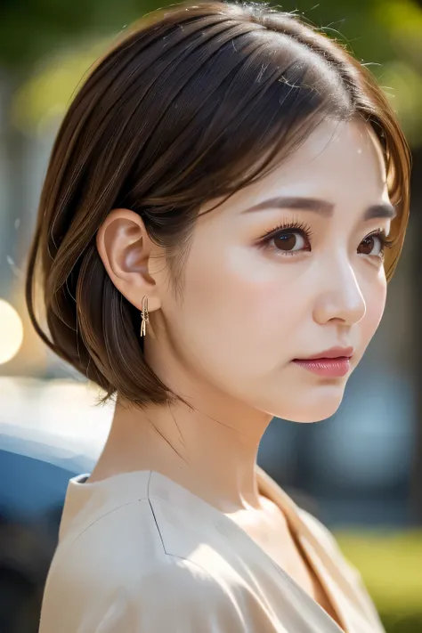 light brown hair, hair slicked back, low ponytail, hoop earrings, scowl, depth of field, uhd, masterpiece, best quality, super detail, 8k、One Japanese woman、30 years old、Bob Cut Hair、Close-up of face、