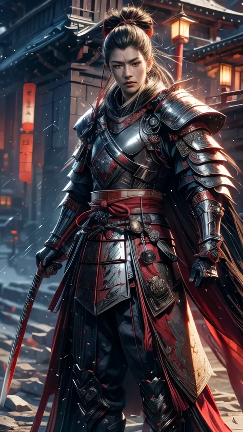 full body, Japanese samurai with armor、highest bit、highly detailed armor、reddish、ck、Perfect style、very detailed background，realist，ultra detailed，super detailed skin，light glare，film grain，According to II，Lens flare，Sharpen，cinematic shadow,