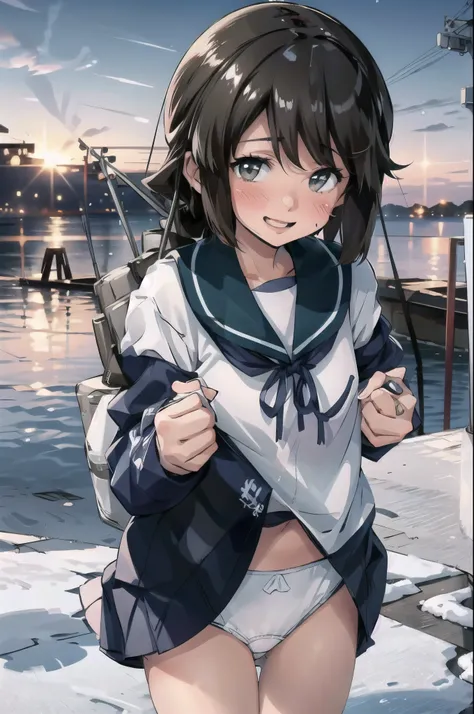 Deep Snow KC, One girl, Solo White Seravuk, , Short sleeve, skirt, blue skirt, Blue sailor collar, View your viewers,    port, port ,((White panties)) smile,blush, 