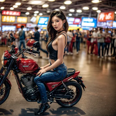 (ExtremelyDetailed((Song Joo A))) clearly visible the shape of Butt, Radiant Ivory Skin with Transparency, motor cycle event girls in sexy costume, Detailed Clothing texture, Full of (motor cycle) . (Full body shot:1.2),Ultra-detailed,grand scale,epic,zoom...