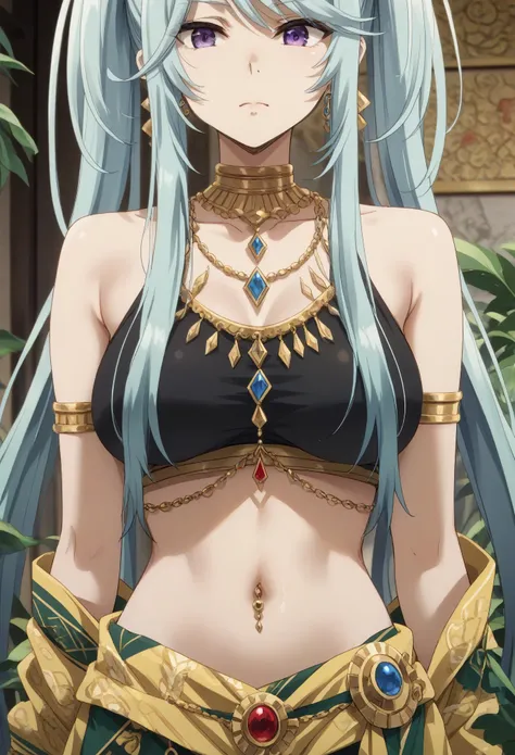 1girl,long hair,blue hair,purple eyes,twintails,,big breast,tall woman,full display of temple jewelry, a pair of earrings, neckl...