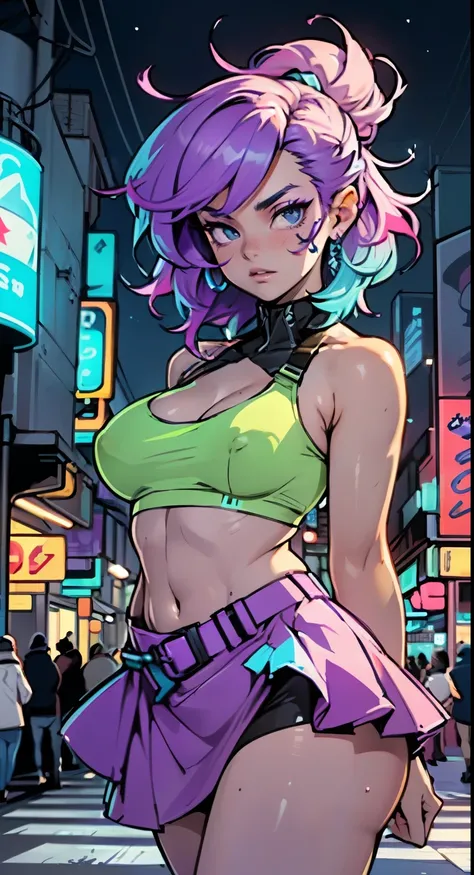 cute little cartoon ,((Mature)),((extremely cute and beautiful liquid paint hair haired anime girl walking down the street)),

(((flat chest))), gigantic breasts, pointy ears, short hair,(((liquid paint hair:1.1,neon purple hair|neon pink hair|neon blue ha...