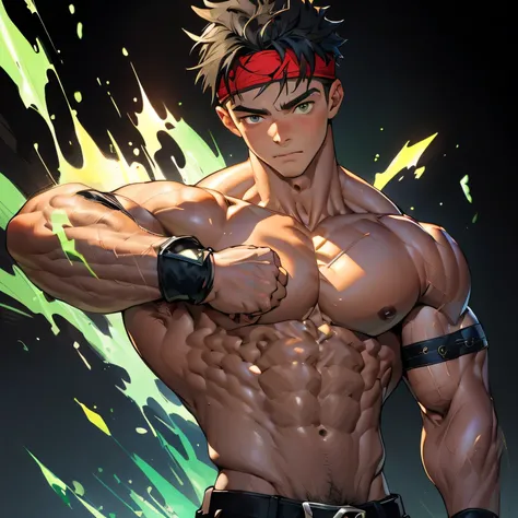 ((masterpiece, best quality)), (((((black background, deep night, bust shot))))), (19 year old boy, worm eyes), Young boy, muscler, Shirtless, ((((1boy, flesh, tough, reliable, developed body, blue and green aura effect, holding aura energy)))), (Dark Shor...