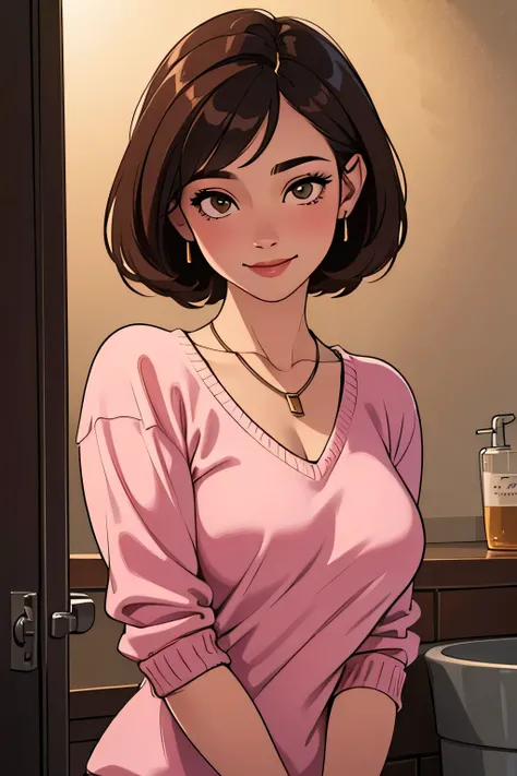 ((Night, Realistic Light, Best Quality, 8K, Masterpiece: 1.3)), 1girl, Slim Beauty: 1.4, (Brown hair, Medium breasts: 1.3), Long pink sweater: 1.1, Bathroom, Super fine face, Delicate eyes, Double eyelids, smile, necklace