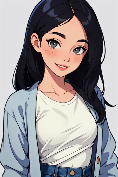 Amazing portrait of a sexy woman wearing her long straight luscious black hair, seductively gazing and smiling, soft lips, parted, blushing intensely, smiling, white t shirt, grey cardigan, baggy jeans, medium chest, perfect body