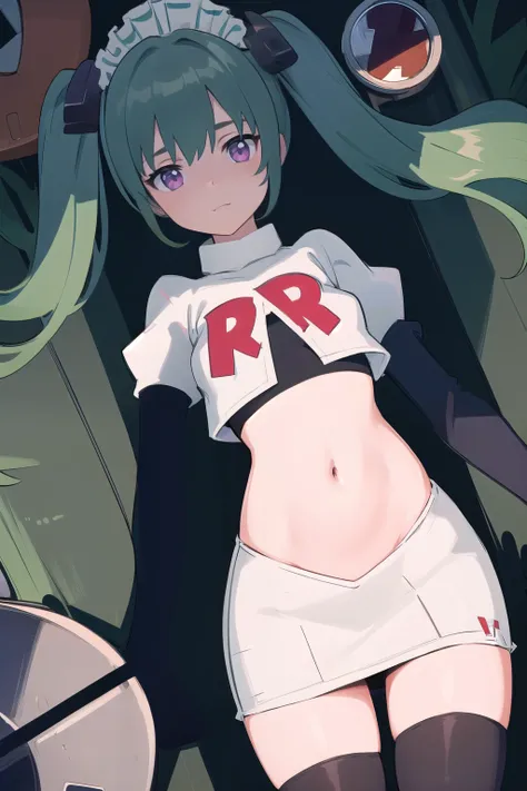 (best quality:1.3),(masterpiece:1.3),(illustration:1.3),(ultra-detailed:1.3),(imid shot:0.9),
1girl,solo,short neck,small breasts,
purple eyes,
twintails, maid headdress,green hair, team rocket,team rocket uniform,white skirt,red letter R,crop top,b...