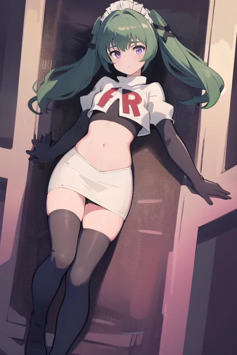 (best quality:1.3),(masterpiece:1.3),(illustration:1.3),(ultra-detailed:1.3),(imid shot:0.9),
1girl,solo,short neck,small breasts,
purple eyes,
twintails, maid headdress,green hair, team rocket,team rocket uniform,white skirt,red letter R,crop top,b...