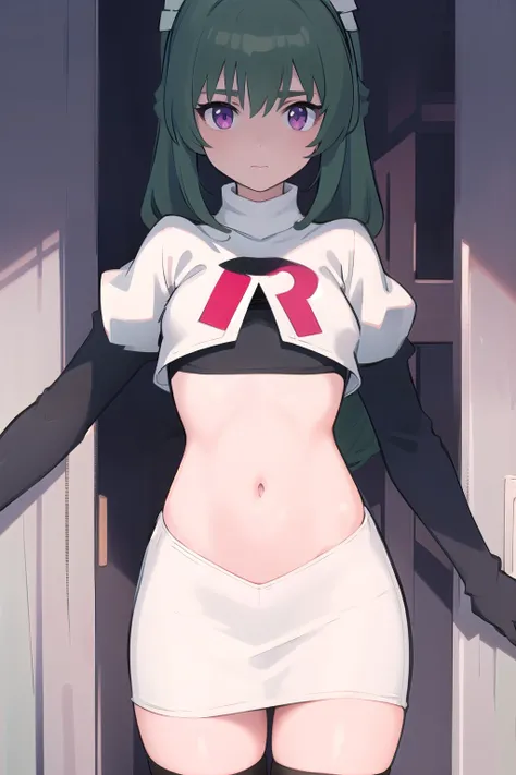 (best quality:1.3),(masterpiece:1.3),(illustration:1.3),(ultra-detailed:1.3),(imid shot:0.9),
1girl,solo,short neck,small breasts,
purple eyes,
twintails, maid headdress,green hair, team rocket,team rocket uniform,white skirt,red letter R,crop top,b...