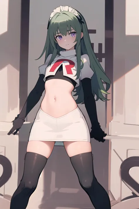 (best quality:1.3),(masterpiece:1.3),(illustration:1.3),(ultra-detailed:1.3),(imid shot:0.9),
1girl,solo,short neck,small breasts,
purple eyes,
twintails, maid headdress,green hair, team rocket,team rocket uniform,white skirt,red letter R,crop top,b...