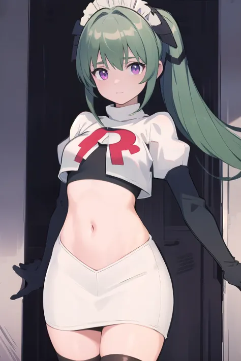 (best quality:1.3),(masterpiece:1.3),(illustration:1.3),(ultra-detailed:1.3),(imid shot:0.9),
1girl,solo,short neck,small breasts,
purple eyes,
twintails, maid headdress,green hair, team rocket,team rocket uniform,white skirt,red letter R,crop top,b...