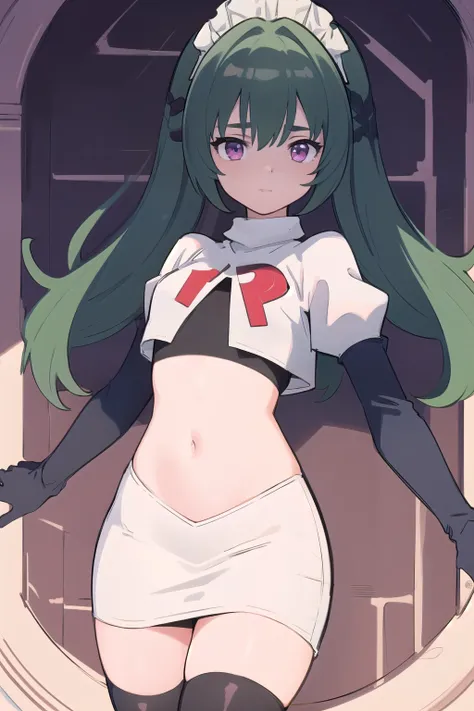 (best quality:1.3),(masterpiece:1.3),(illustration:1.3),(ultra-detailed:1.3),(imid shot:0.9),
1girl,solo,short neck,small breasts,
purple eyes,
twintails, maid headdress,green hair, team rocket,team rocket uniform,white skirt,red letter R,crop top,b...