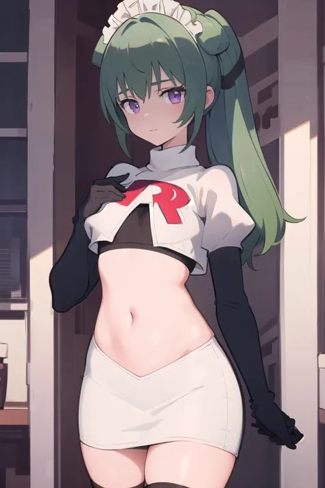 (best quality:1.3),(masterpiece:1.3),(illustration:1.3),(ultra-detailed:1.3),(imid shot:0.9),
1girl,solo,short neck,small breasts,
purple eyes,
twintails, maid headdress,green hair, team rocket,team rocket uniform,white skirt,red letter R,crop top,b...