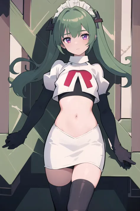 (best quality:1.3),(masterpiece:1.3),(illustration:1.3),(ultra-detailed:1.3),(imid shot:0.9),
1girl,solo,short neck,small breasts,
purple eyes,
twintails, maid headdress,green hair, team rocket,team rocket uniform,white skirt,red letter R,crop top,b...