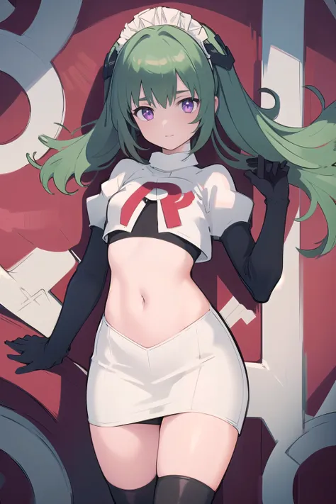 (best quality:1.3),(masterpiece:1.3),(illustration:1.3),(ultra-detailed:1.3),(imid shot:0.9),
1girl,solo,short neck,small breasts,
purple eyes,
twintails, maid headdress,green hair, team rocket,team rocket uniform,white skirt,red letter R,crop top,b...