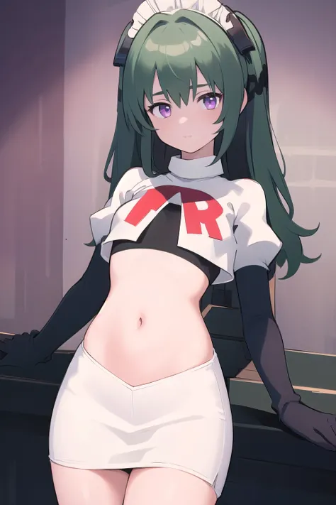 (best quality:1.3),(masterpiece:1.3),(illustration:1.3),(ultra-detailed:1.3),(imid shot:0.9),
1girl,solo,short neck,small breasts,
purple eyes,
twintails, maid headdress,green hair, team rocket,team rocket uniform,white skirt,red letter R,crop top,b...