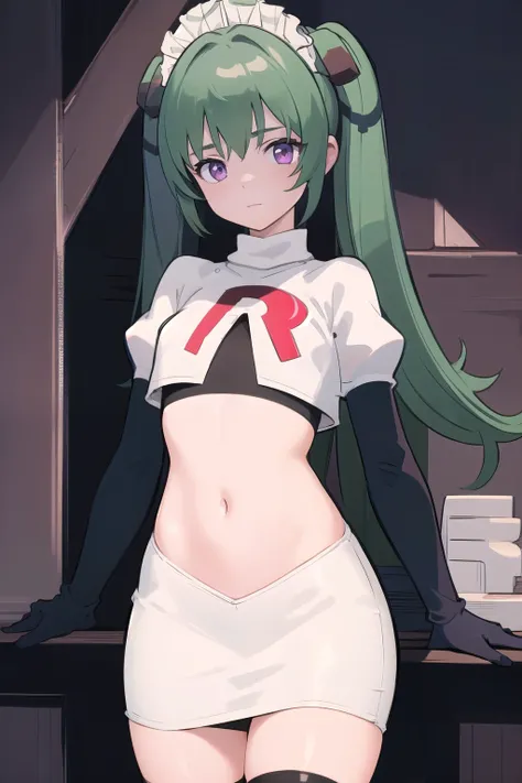 (best quality:1.3),(masterpiece:1.3),(illustration:1.3),(ultra-detailed:1.3),(imid shot:0.9),
1girl,solo,short neck,small breasts,
purple eyes,
twintails, maid headdress,green hair, team rocket,team rocket uniform,white skirt,red letter R,crop top,b...