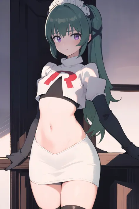 (best quality:1.3),(masterpiece:1.3),(illustration:1.3),(ultra-detailed:1.3),(imid shot:0.9),
1girl,solo,short neck,small breasts,
purple eyes,
twintails, maid headdress,green hair, team rocket,team rocket uniform,white skirt,red letter R,crop top,b...