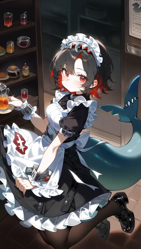 1girl, ellen_joe,  maid, shark tail, (shark girl:0.5), 1girl, red eyes, tail, pantyhose, multicolored hair, black footwear, short sleeves, apron, wrist cuffs, maidheaddress