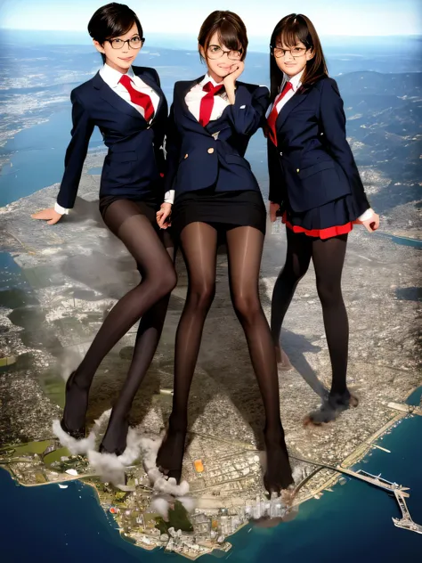 multiple girls, 3girls, standing, giantess art, highly detailed giantess shots, giantess, most detailed, perfect face, Two legs, Five fingers, short hair, A high school girl who is bigger than a skyscraper, Wearing rimless glasses, smile, huge breasts, Nav...