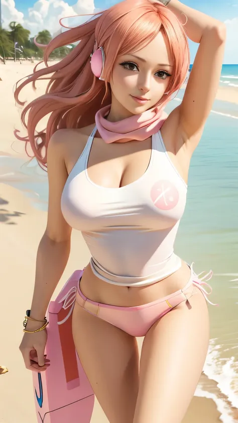 nami from one piece. wearing a super mini skirt、a woman in a white top and pink panties posing on the beach, photorealistic anim...