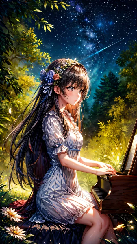 (((masterpiece)))、(((highest quality)))、((very detailed))、in the forest、girl playing piano、play、flowers bloom、calm、the light shi...