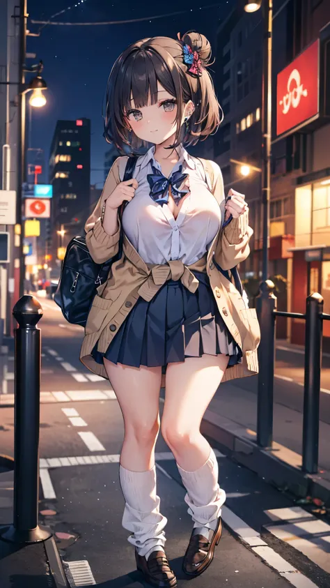 (masterpiece、Highest quality、Very detailed))、One girl、gyaru、Black Hair、single hair bun、blunt bangs、Grey Eyes、surgical mask、((lots of piercing))、Large Breasts、((White collared shirt))、A bow tie、((brown cardigan))、((Black pleated skirt))、Thick waist、Thick th...