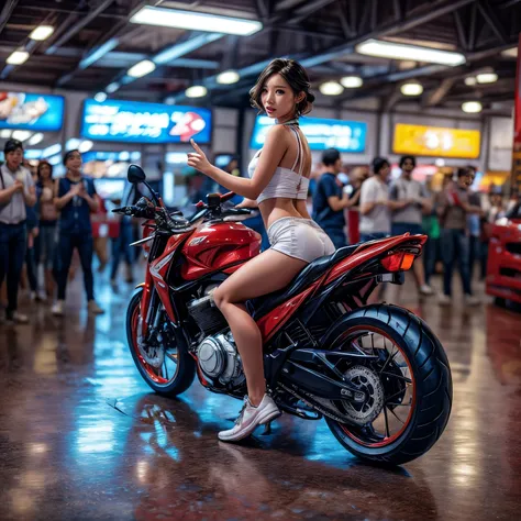 (ExtremelyDetailed((Song Joo A))) clearly visible the shape of Butt, Radiant Ivory Skin with Transparency, motor cycle event girls in sexy costume, Detailed Clothing texture, Full of (motor cycle) . (Full body shot:1.2),Ultra-detailed,grand scale,epic,zoom...