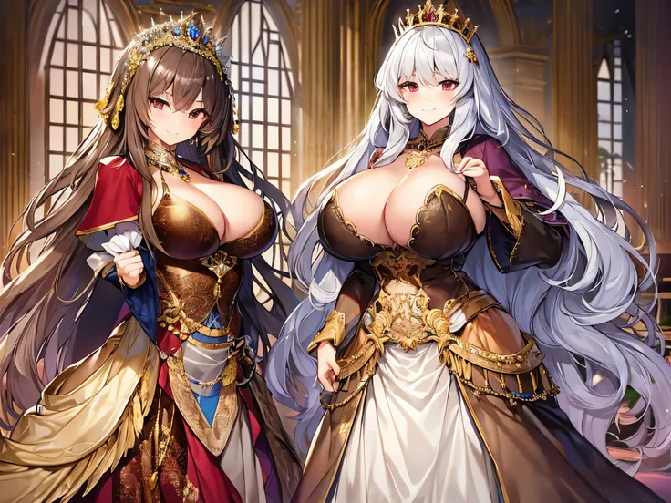 anime artstyle,((((An old queen and a teenage princess with different hair colors)))),couple focus,((absurdly long Straight hair,Red Eyes)),(((beautiful embroidery and jeweled gorgeous rococo ballgown with voluminous full length crinoline hoop skirt))),(((...