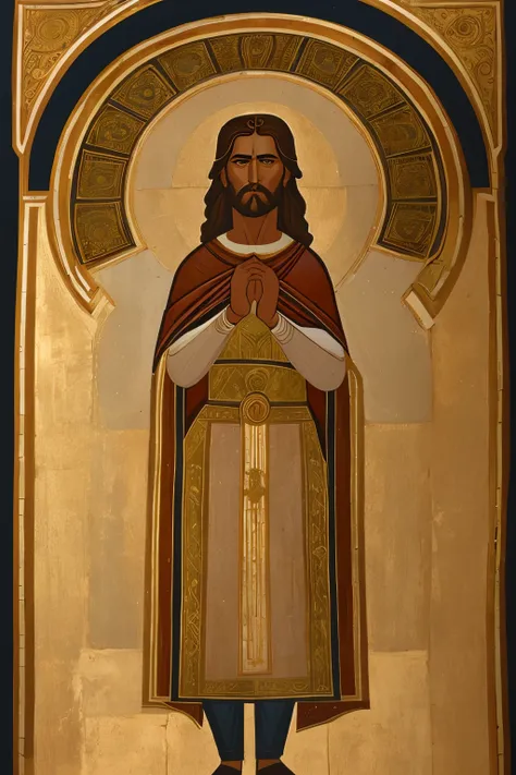 illustration of Jesus Christ, mostrando o fully body, using tunic, standing with right arm extended, fully body, Romanesque style, Sacred art