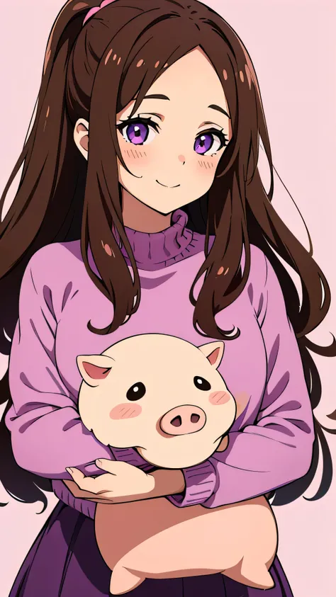 Young woman, Brown hair, purple eyes, smiles sweetly, Cute cheeks, blush, pink jumper, purple skirt, with a pig in hand, Mabel with a pig, Solid white background