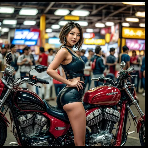 (ExtremelyDetailed((Song Joo A))) clearly visible the shape of Butt, Radiant Ivory Skin with Transparency, motor cycle event girls in sexy costume, Detailed Clothing texture, Full of (motor cycle) . (Full body shot:1.2),Ultra-detailed,grand scale,epic,zoom...