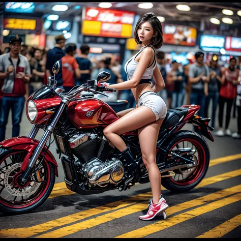 (ExtremelyDetailed((Song Joo A))) clearly visible the shape of Butt, Radiant Ivory Skin with Transparency, motor cycle event girls in sexy costume, Detailed Clothing texture, Full of (motor cycle) . (Full body shot:1.2),Ultra-detailed,grand scale,epic,zoom...