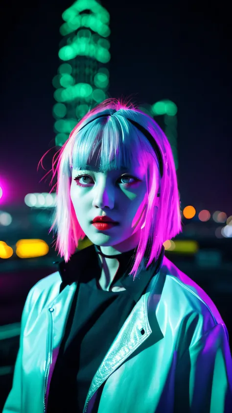 Lucy (cyber punk), 1 girl,  hair band, Ji Qi, Silver Hair, Color Tips, full moon, Grey Eyes, Jacket, Long sleeve, Looking at the audience, Medium Long Hair, Colorful Hair, Parted bangs, Open your lips, Pink Hair, Portraiture, Red eyeliner, Red lips, alone,...