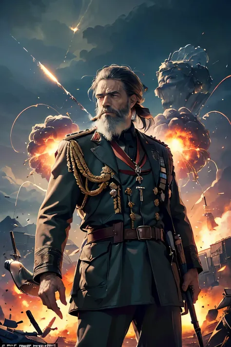 (Masterpiece, Top Quality, Best Quality: 1.2), (Rasputin), (74 years old), (URSS), (During Battlefield V), ((Rasputin, sporting a graying beard and wrinkled face, stands defiantly in the middle of a battlefield)), ((Wearing a tattered military uniform that...