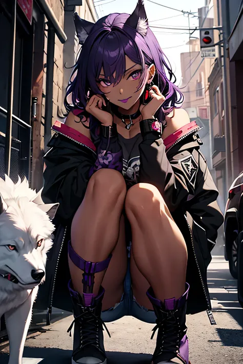 girl in gray shirt with a white and red print of a wolf, ripped jean short shorts, black jacket, black military style boot shoes, light dark skin, a black choker on her neck, strong purple eyes, a cross earring, purple lipstick, a purple snake tattoo on hi...