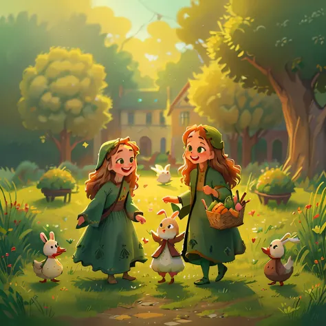 (high resolution: 1.2),Happy moment, medieval mother and 2 daughters, go shopping at village market, cheer, bunnies and duck, beautiful detailed eyes, lush green garden, long flowing hair, traditional medieval clothes,