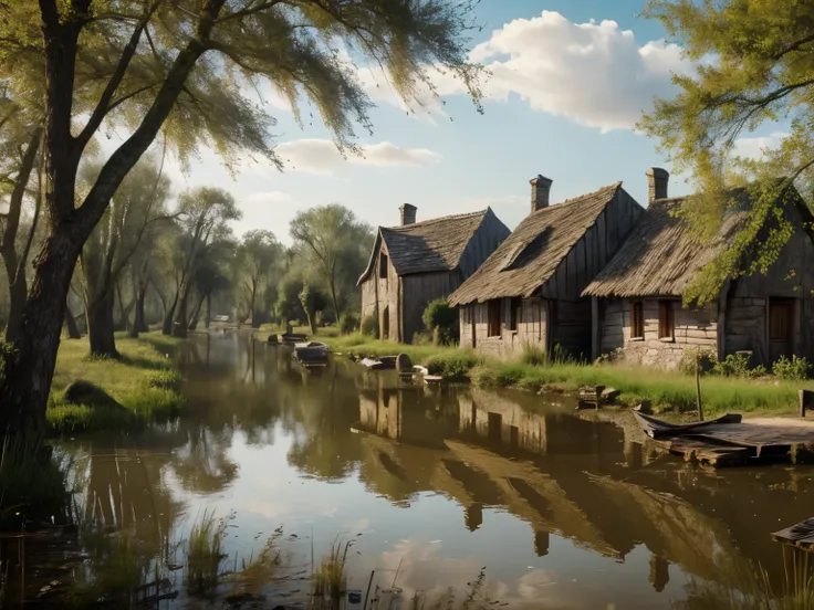 8k, 8 k, masterpiece, best quality, realistic, higly detailed, landscape, medieval, swamp village, dirty and poor village, village in a swamp, rounded by a thick forest