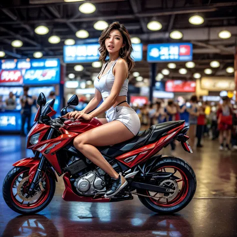 (extremelydetailed((song joo a))) clearly visible the shape of butt, radiant ivory skin with transparency, motor cycle event gir...