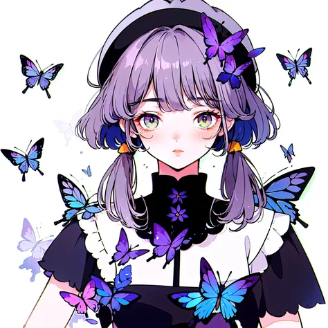 ((masterpiece)), (((Highest quality))), ((Very detailed)), colorful, High resolution, One girl, alone, Upper Body, Grey Hair,Green Eye, Luo Tianyi (Midsummer),Midsummer, Black and purple dress, (Blue Butterfly), White butterfly wings