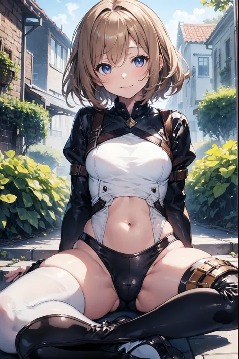 GRANBLUEfantasy,1young_teen_ girl,brown_hair,medium_bob_hair,platina_blond_hair,white_leotard,covered_crotch,thigh-highs,smile,standing,bluesky_landscape_background,slightly_spread_legs,happiness, short_gloves ,solo, r18, navel,relicbuster,short,boots,open...