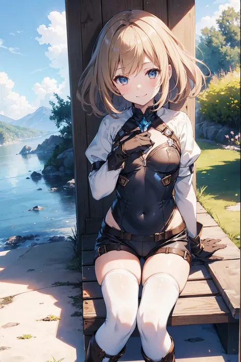 GRANBLUEfantasy,1young_teen_ girl,brown_hair,medium_bob_hair,platina_blond_hair,white_leotard,covered_crotch,thigh-highs,smile,standing,bluesky_landscape_background,slightly_spread_legs,happiness, short_gloves ,solo, r18, navel,relicbuster,short,boots,open...