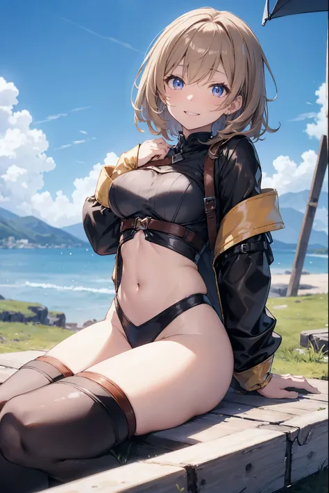 GRANBLUEfantasy,1young_teen_ girl,brown_hair,medium_bob_hair,platina_blond_hair,white_leotard,covered_crotch,thigh-highs,smile,standing,bluesky_landscape_background,slightly_spread_legs,happiness, short_gloves ,solo, r18, navel,relicbuster,short,boots,open...